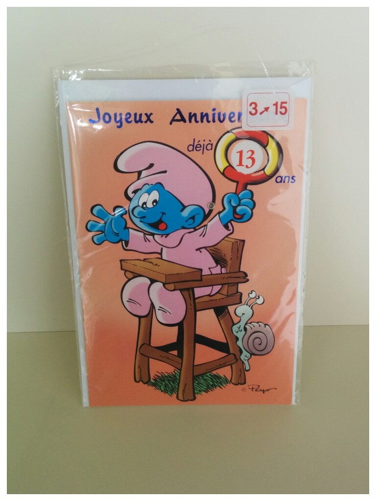 Carte d'anniversaire Bébé Schtroumpf avec âge & enveloppe