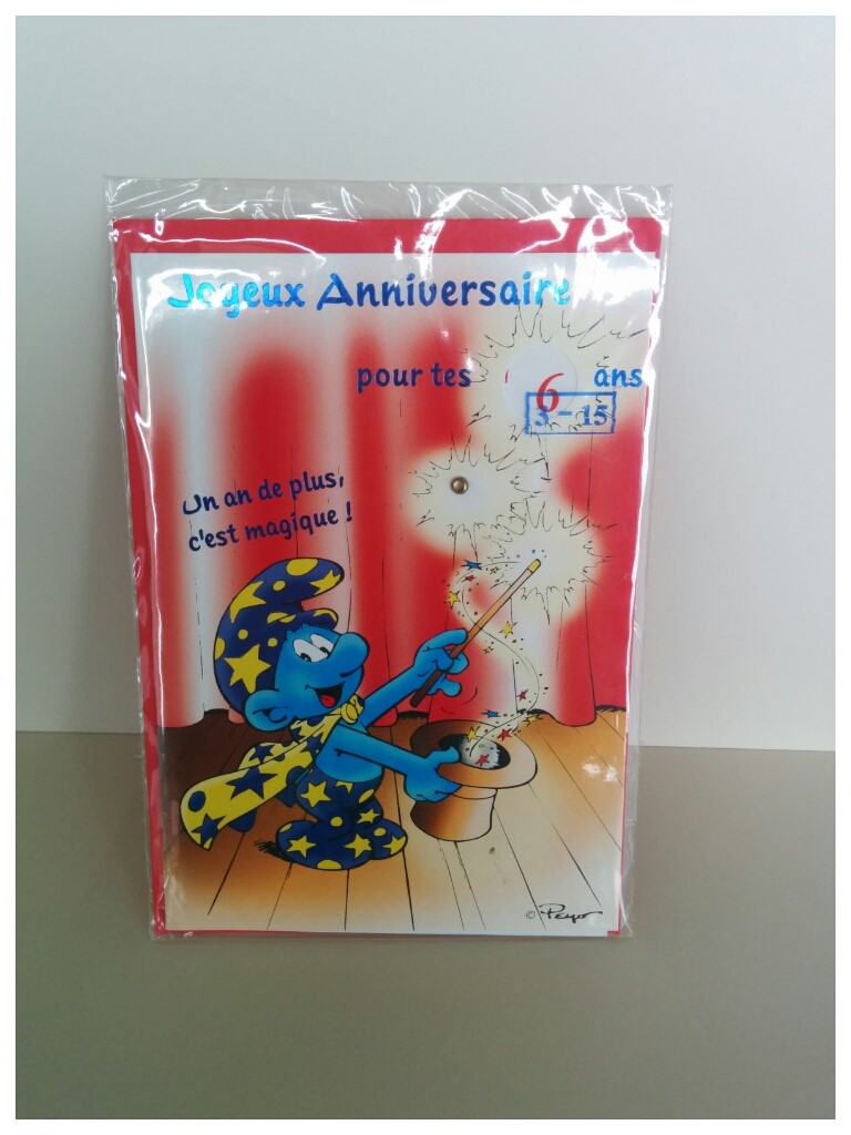 Carte d'anniversaire Schtroumpf magicien & enveloppe