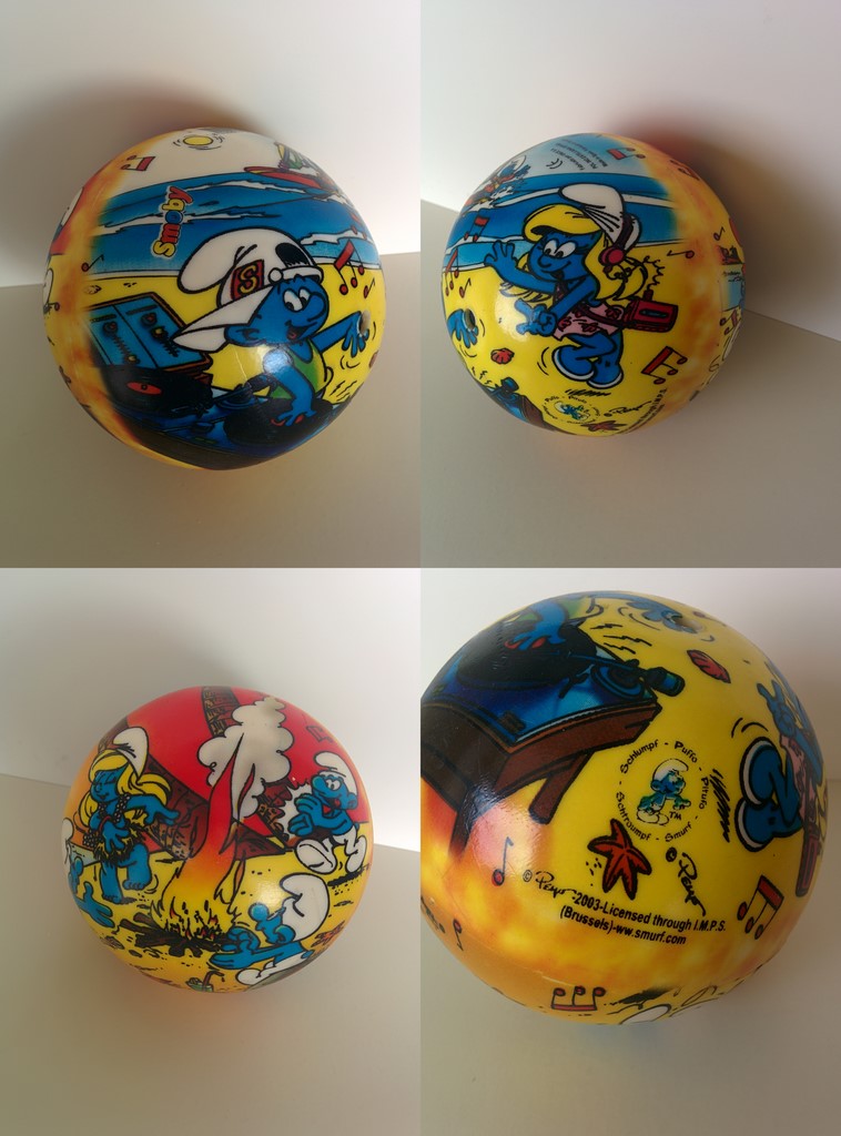 Petit ballon Schtroumpf DJ, Schtroumpf Surfeur & Schtroumpfette autour d'un feu de camp