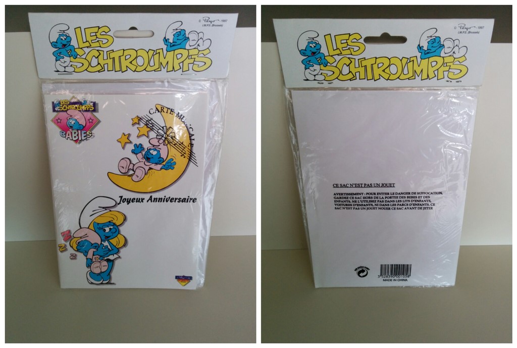 Carte d'anniversaire musicale Bébé Schtroumpf & Schtroumpfette