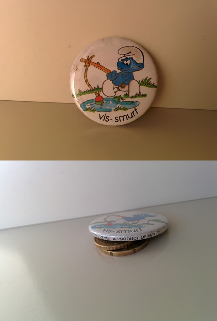 Badge MBI n°15 - Schtroumpf pêcheur (Vis-Smurf)