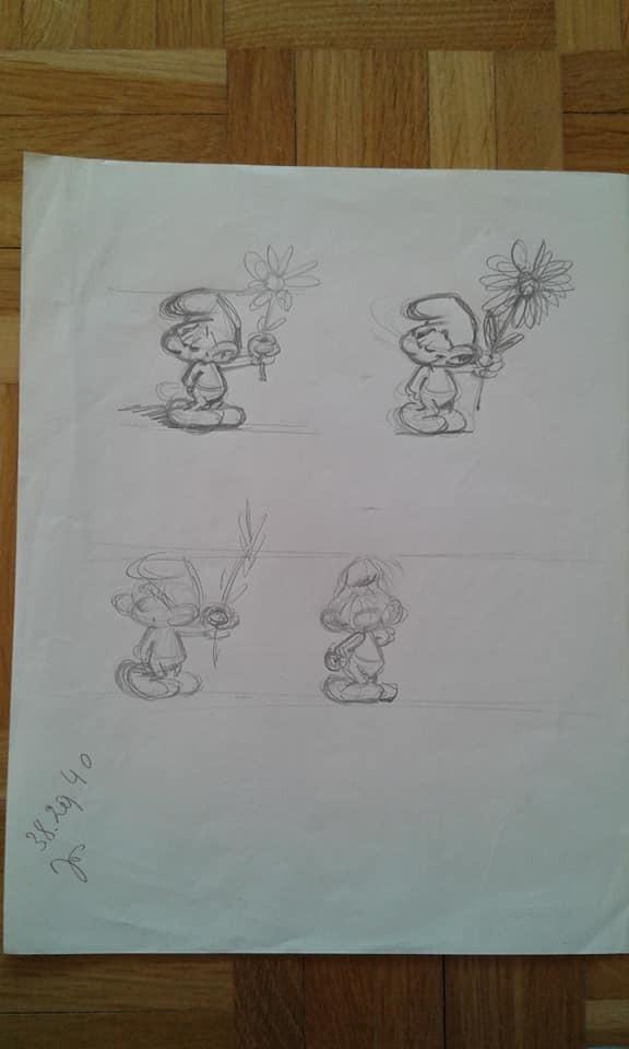 Dessin préparatoire du Schtroumpf courtisant avec fleur (rendez-vous)