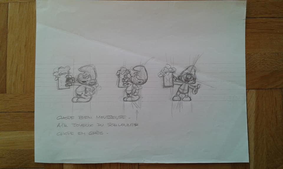 Dessin préparatoire du Schtroumpf avec bière