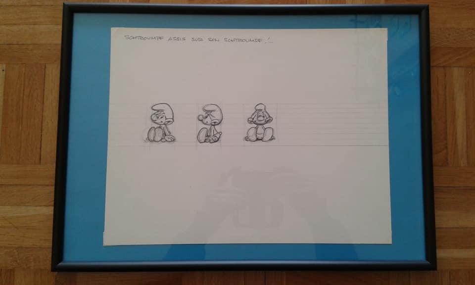 Dessin préparatoire du Schtroumpf assis sur un coussin