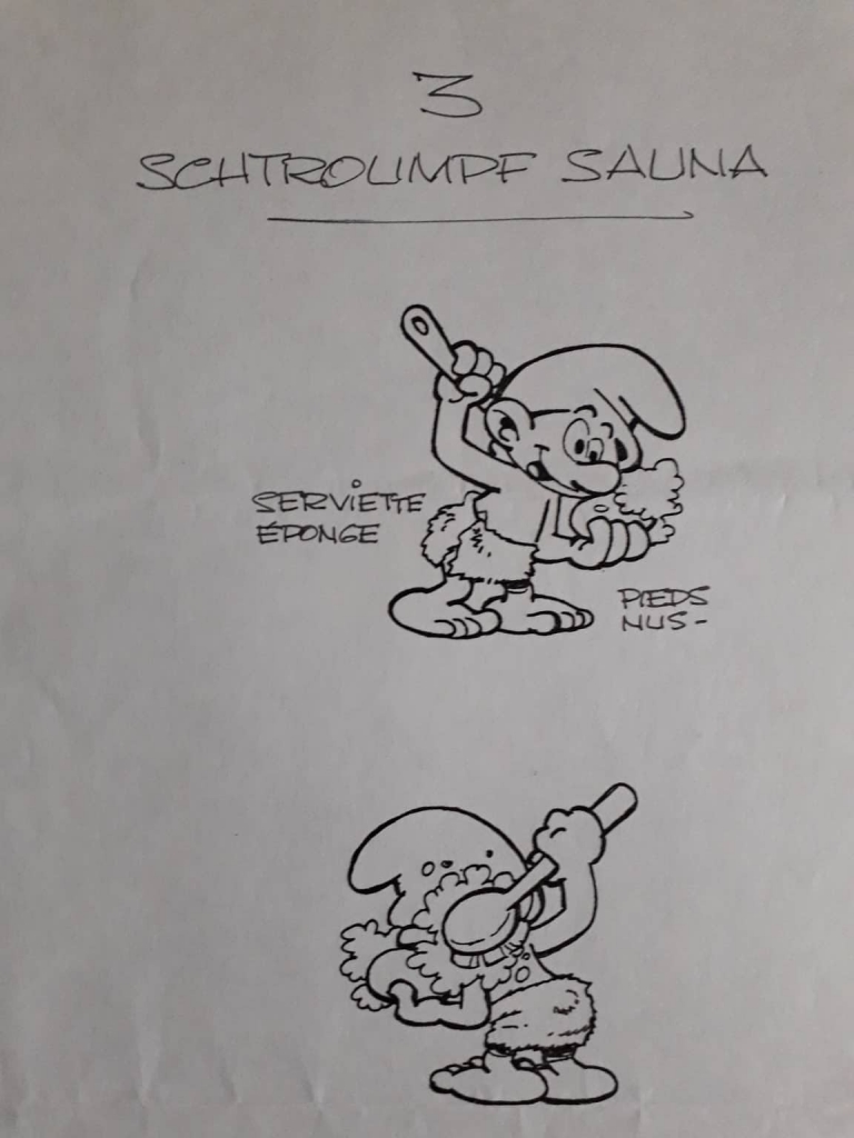Dessin préparatoire du Schtroumpf qui se lave (sauna)