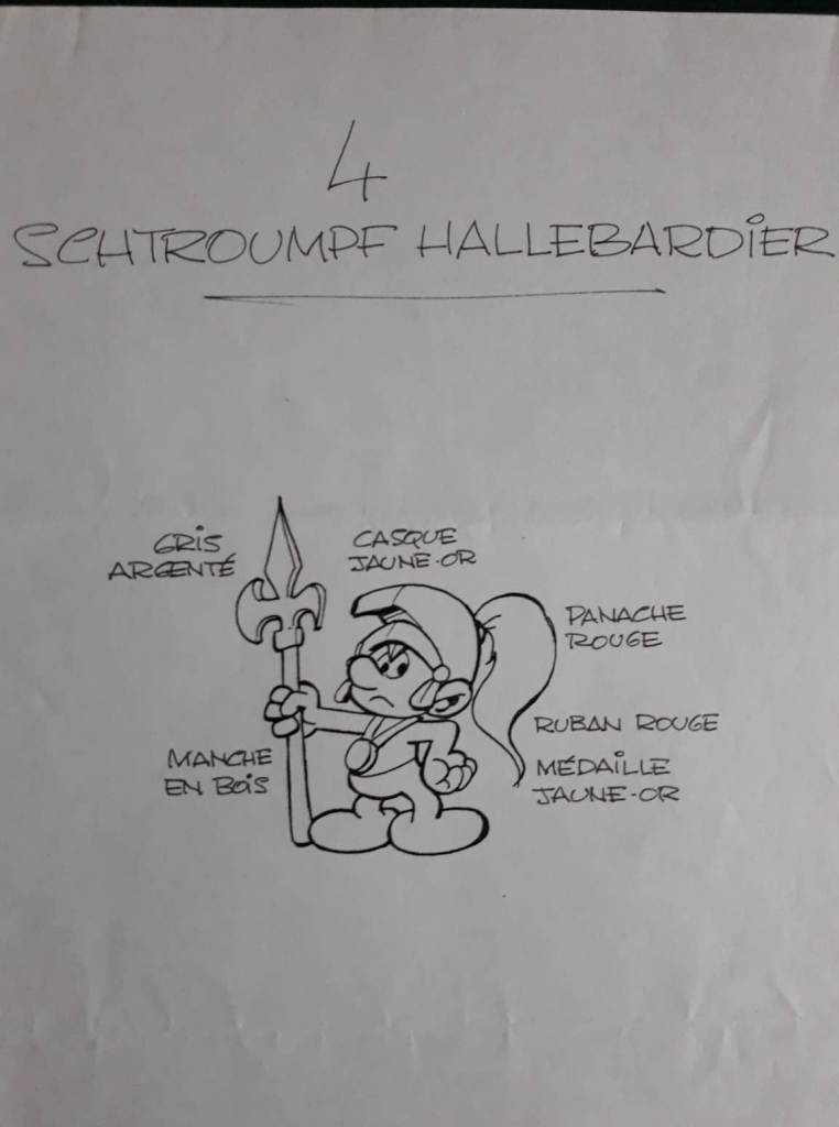 Dessin préparatoire du Schtroumpf avec hallebarde