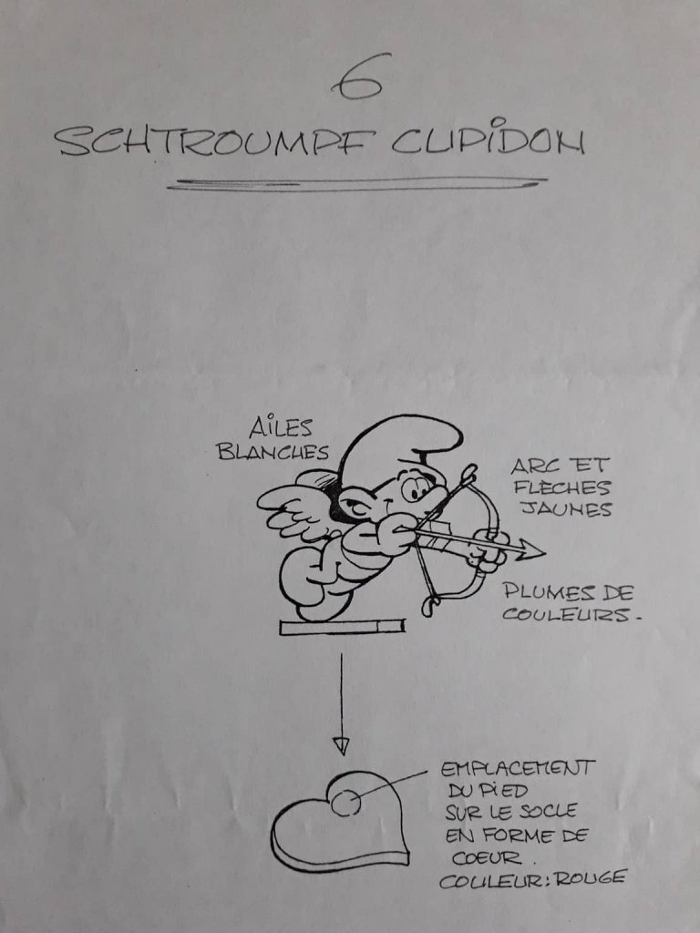 Dessin préparatoire de Schtroumpf ange/cupidon avec arc