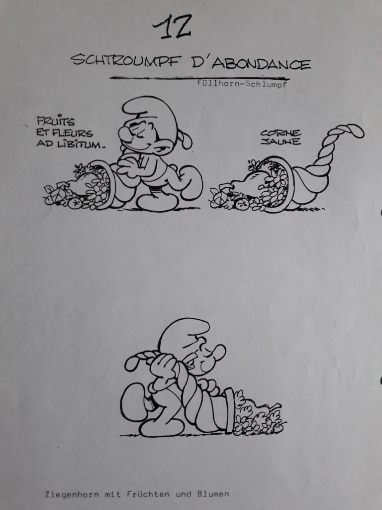 Dessin préparatoire du Schtroumpf avec corne d\'abondance