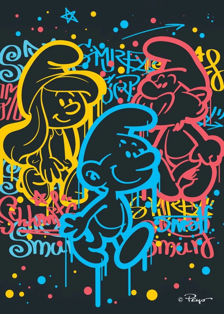 Impression sur tableau en métal - Grand Schtroumpf, Schtroumpf et Schtroumpfette