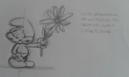 Dessin préparatoire du Schtroumpf courtisant avec fleur (rendez-vous) - photo