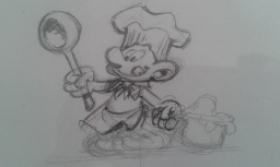 Dessin préparatoire du Schtroumpf cuisiner - photo