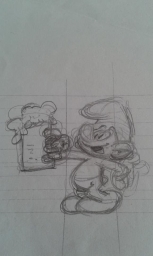 Dessin préparatoire du Schtroumpf avec bière - photo