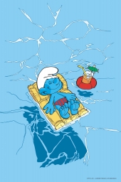 Schtroumpf sur son matelas flottant