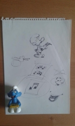 Dessin préparatoire du Schtroumpf chanteur avec partition