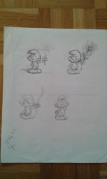 Dessin préparatoire du Schtroumpf courtisant avec fleur (rendez-vous)