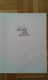 Dessin préparatoire du Schtroumpf farceur