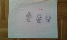 Dessin préparatoire de la Schtroumpfette (version 2)