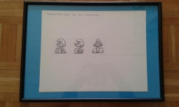 Dessin préparatoire du Schtroumpf assis sur un coussin