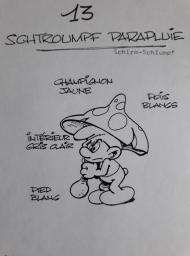 Dessin préparatoire du Schtroumpf avec parapluie champignon