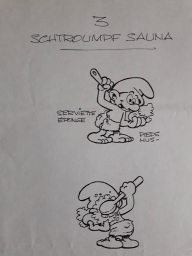 Dessin préparatoire du Schtroumpf qui se lave (sauna)