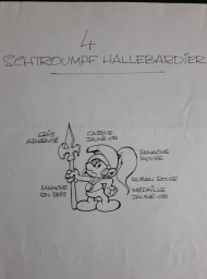 Dessin préparatoire du Schtroumpf avec hallebarde