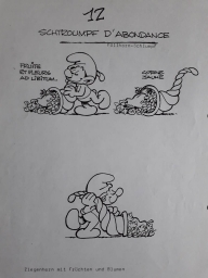Dessin préparatoire du Schtroumpf avec corne d\'abondance