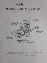 Dessin préparatoire du Schtroumpf en tenue de plongée / plongeur